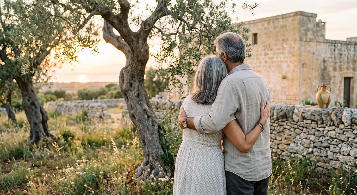 An elderly couple with grey hair is seen from behind, embracing while looking out at the sunset over a Puglian olive grove and a stone farmhouse (masseria).