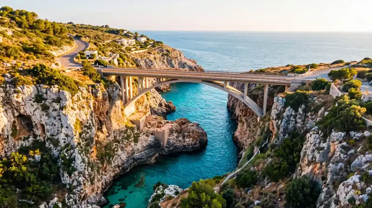 Vista panoramica del Ponte del Ciolo sospeso sul fiordo dalle acque turchesi nel Salento al tramonto.
