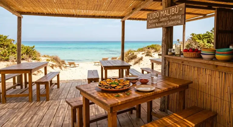 Rustic wooden dining area of Lido Malibù beach club in Ugento Salento with fried eggplants on a table and views of the turquoise Ionian Sea and sand dunes.