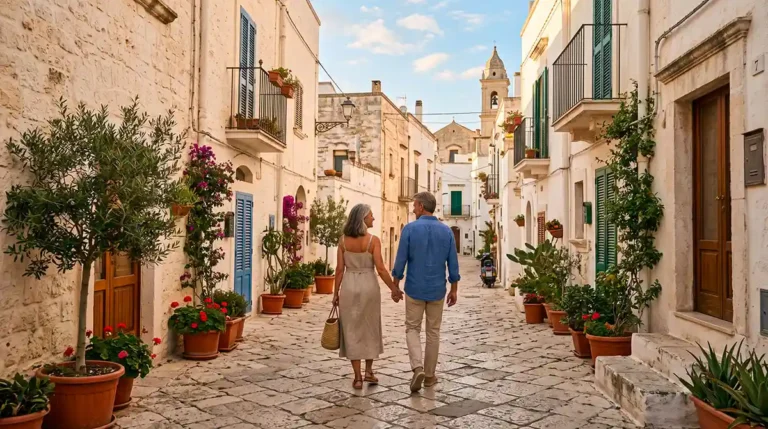 A couple around 50 years old walking leisurely through a quiet whitewashed historic alley in Salento during golden hour, representing slow travel in Puglia.