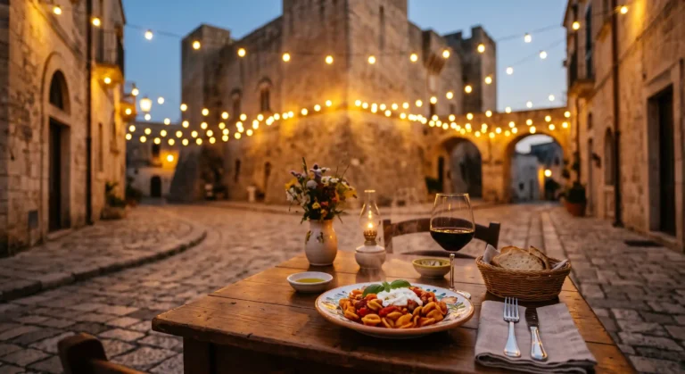 Romantic outdoor dining table in Piazza Castello, Felline, with a plate of handmade orecchiette pasta and a glass of Negroamaro wine in front of the illuminated medieval castle.