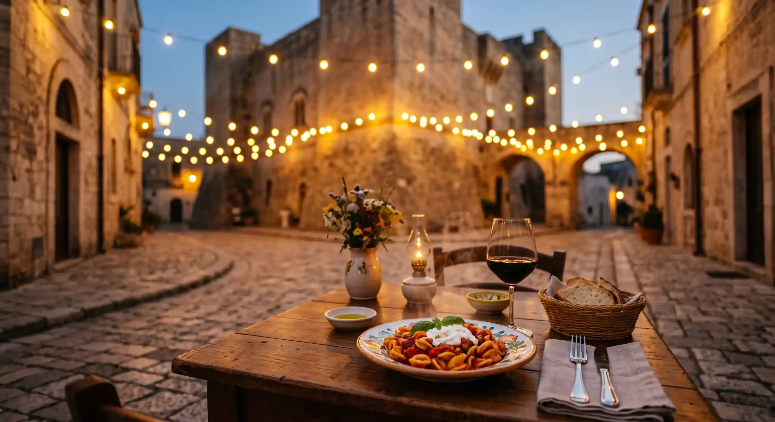 Tavolo all'aperto apparecchiato in Piazza Castello a Felline per una cena tipica con orecchiette fatte a mano e un calice di vino Negroamaro, sullo sfondo del castello medievale illuminato.