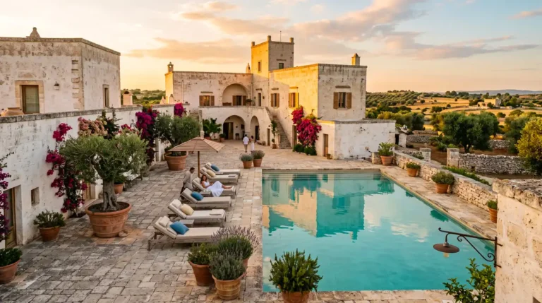 Corte in pietra leccese e piscina di una masseria storica autentica nel Salento al tramonto.