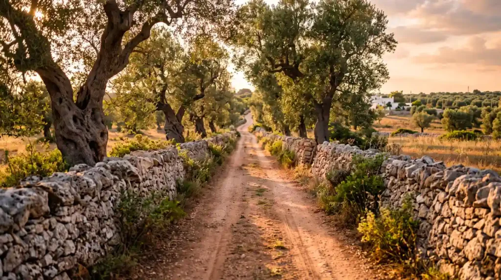 Stretta strada di campagna incorniciata da muretti a secco e ulivi secolari nel Basso Salento.
