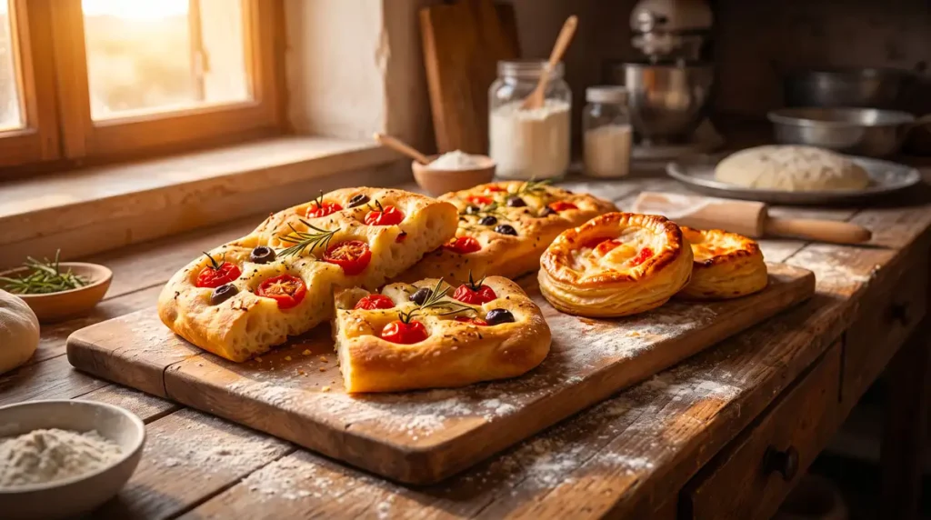 Focaccia appena sfornata e rustici caldi su un tagliere di legno in un tipico forno pugliese.