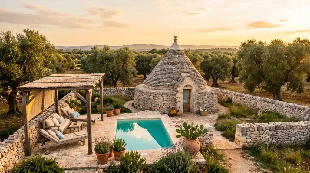 Antica pajara in pietra a secco restaurata con mini-piscina e pergolato tra gli ulivi salentini.