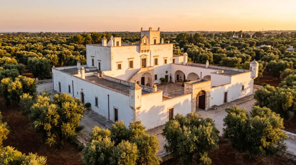 Tradizionale masseria storica in pietra bianca circondata da uliveti in Salento al tramonto di fine estate.
