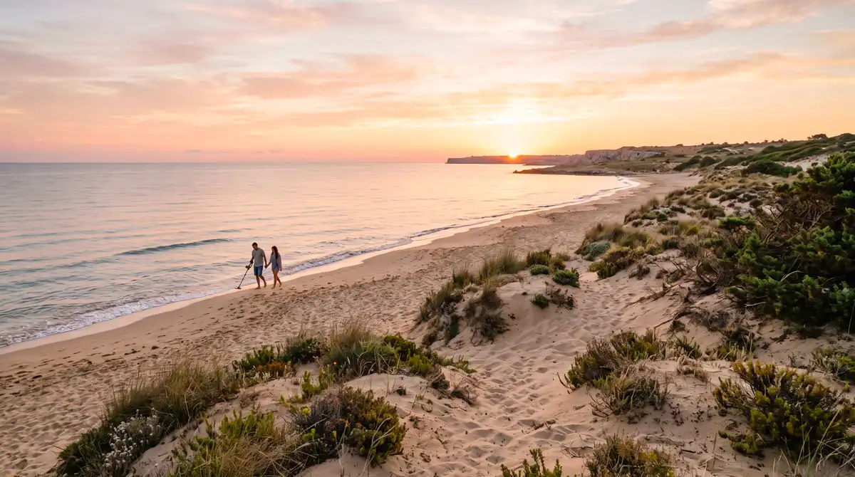 Una passeggiata a piedi nudi con il metal detector sulle dune sabbiose del Basso Salento alle prime luci del mattino, vivendo il ritmo lento e autentico del territorio.
