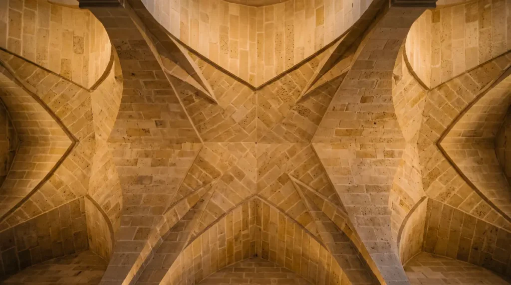 Close-up view of an authentic Apulian star-vaulted ceiling constructed from interlocking Pietra Leccese limestone blocks.