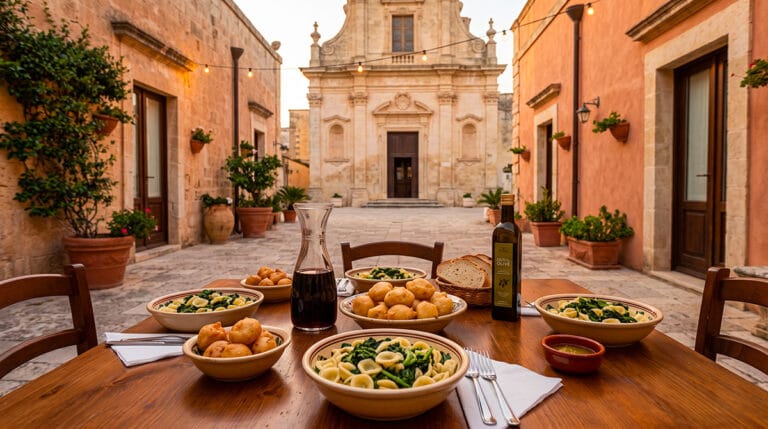 A rustic outdoor table in Salento filled with traditional handmade pasta, pittule, and local red wine in a historic courtyard.