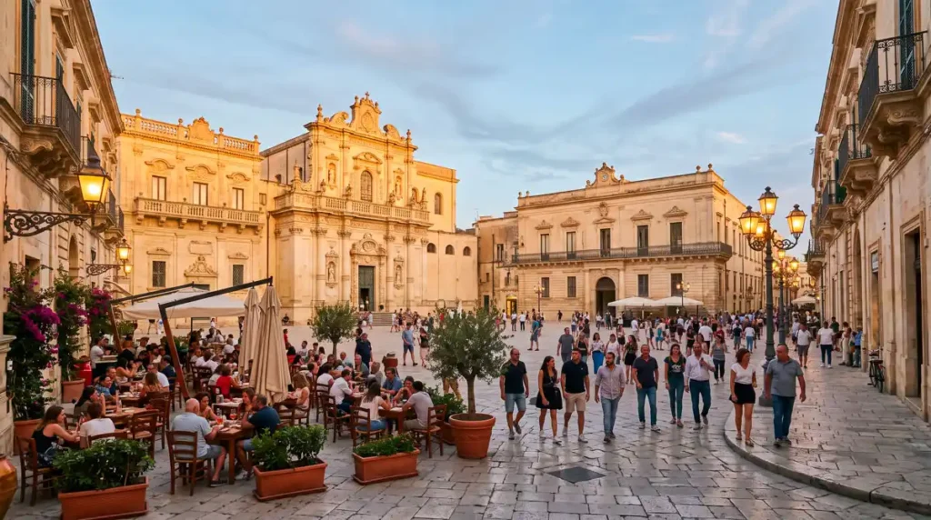 Piazza storica di un borgo salentino illuminata dalla luce calda del tramonto con vita di comunità all'aperto.