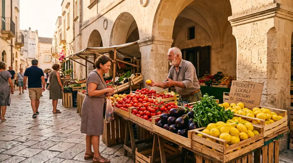 Bancarella di frutta e verdura fresca di stagione in un mercato rionale del Salento.