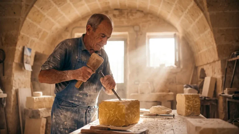 Elderly master stone carver in Salento chiseling a block of golden Pietra Leccese limestone in his dusty workshop.