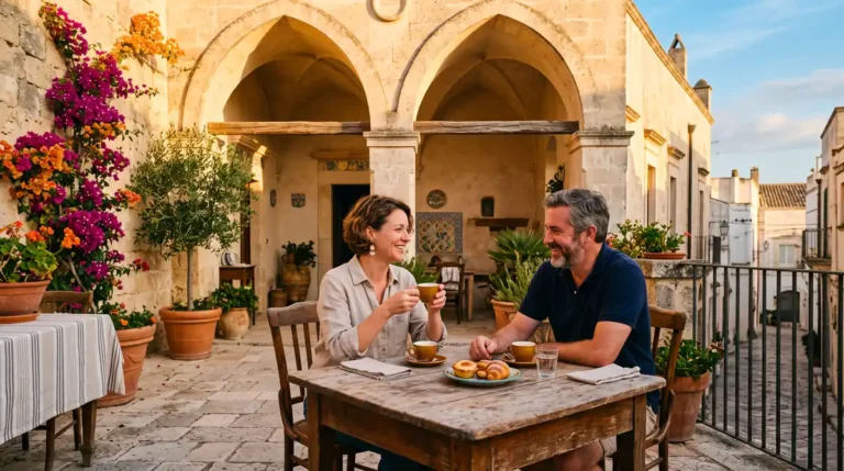 Couple enjoying morning coffee on a sunlit stone terrace of a restored townhouse in Salento, Puglia.