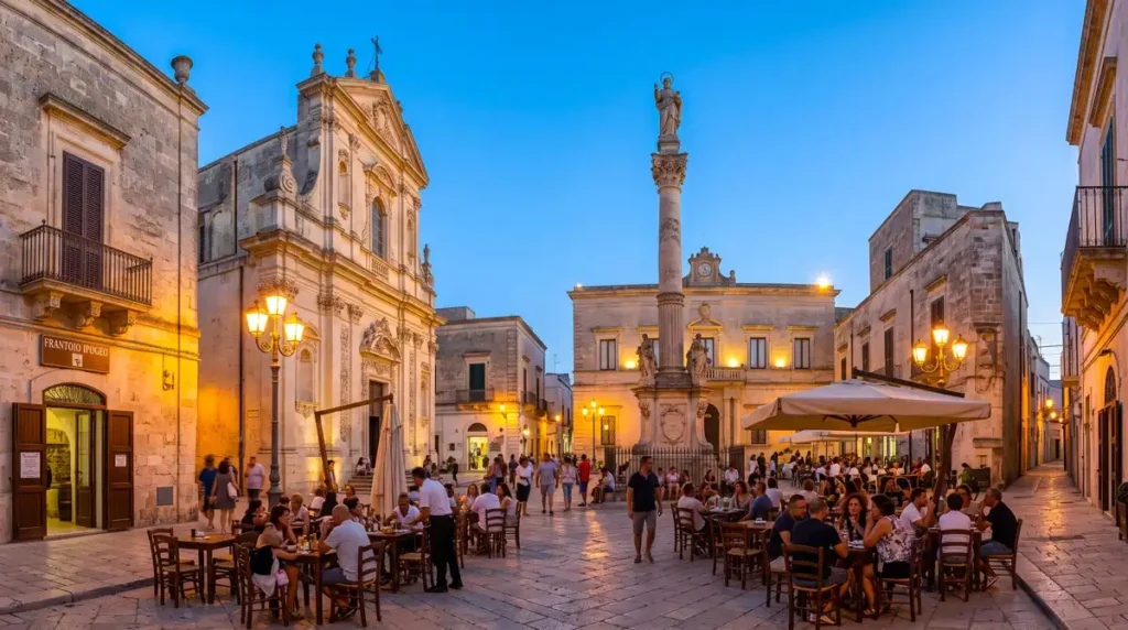 Piazza del Popolo a Presicce al crepuscolo con i palazzi barocchi illuminati e tavolini all'aperto.