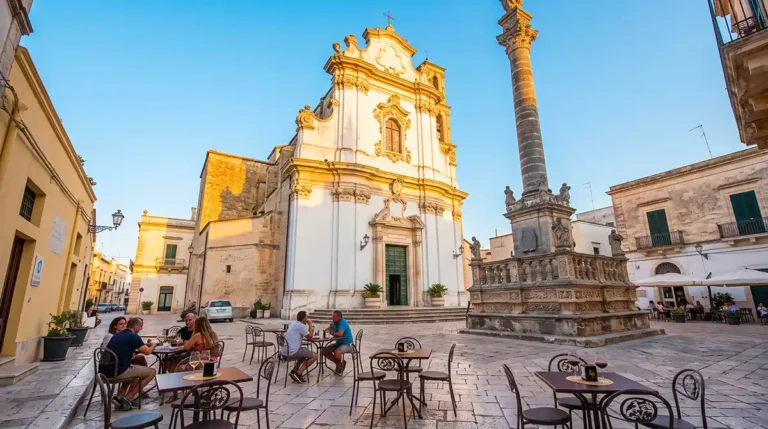 Piazza del Popolo in Presicce, Puglia, showing the baroque column of Sant Andrea and outdoor cafes during golden hour.