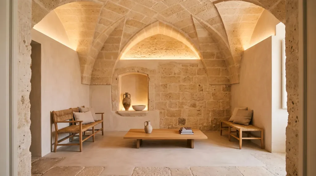 Interno restaurato di una casa storica salentina con caratteristiche volte a stella in pietra leccese a vista.