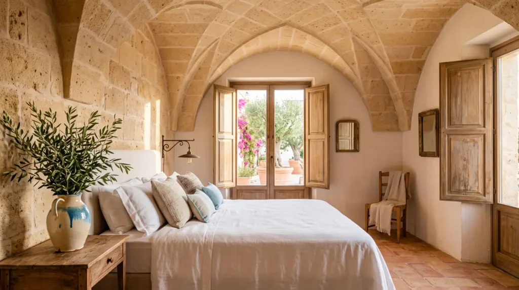 Restored historic bedroom in Salento featuring traditional limestone star-vaulted ceilings and minimalist Mediterranean decor.