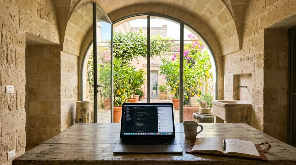 Postazione di lavoro da remoto con laptop in una stanza in pietra salentina con vista sulla corte interna.
