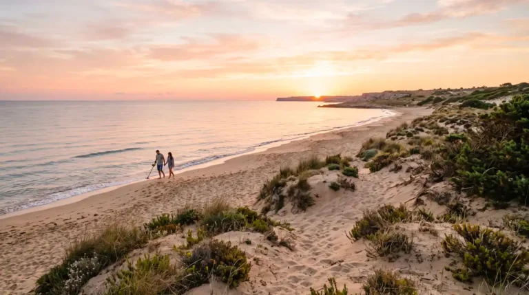 Couple walking barefoot with a metal detector on the sand dunes at sunrise in Salento, Puglia.