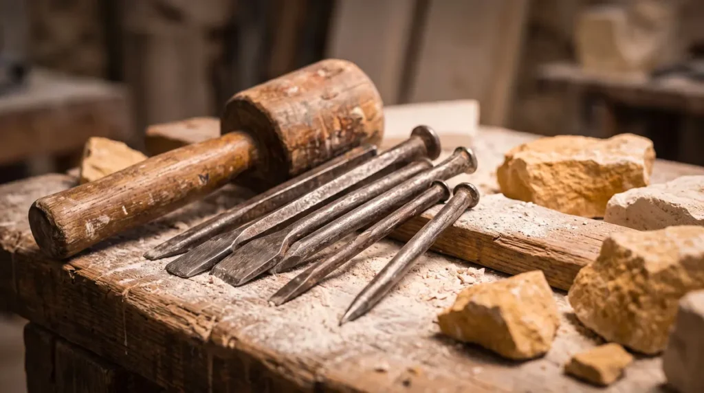 Close-up of weathered steel chisels and a wooden mallet resting on a dusty workbench in a Salento stone carving workshop.
