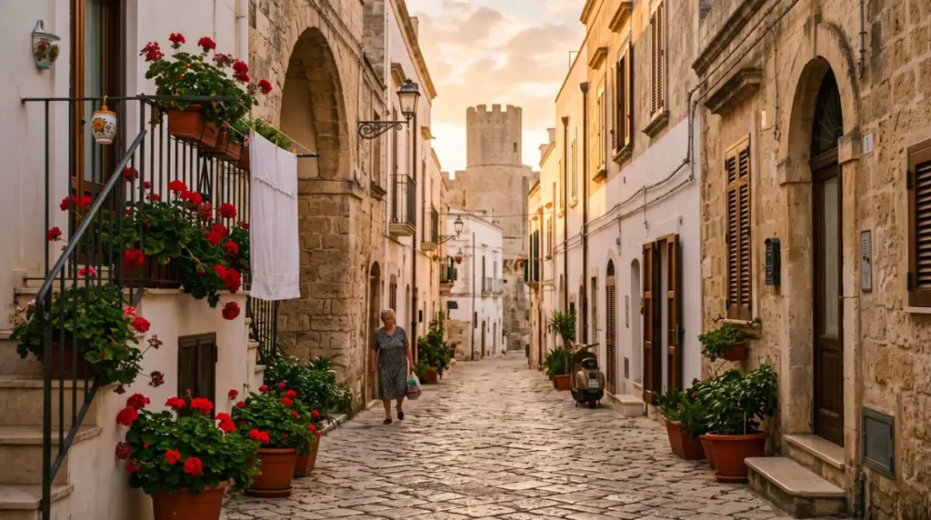 Sunlit quiet alley in the historic center of Ugento with traditional stone architecture and potted plants.