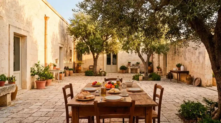 Historic Salento masseria courtyard with limestone walls and olive trees during golden hour in Basso Salento