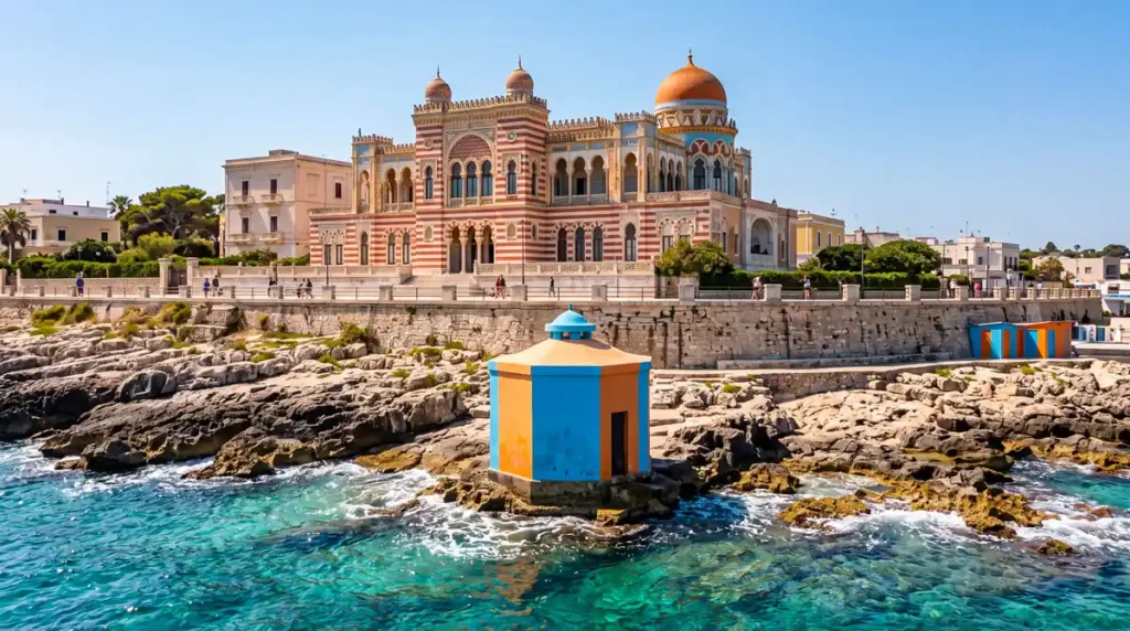An eccentric 19th-century aristocratic villa with Moorish domes on the seafront of Santa Maria di Leuca, above a stone bagnarola.