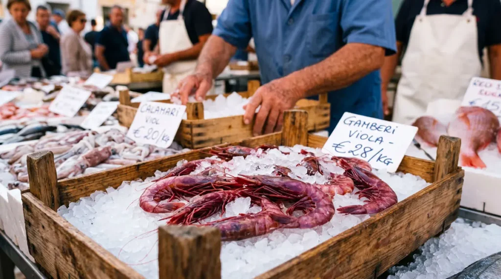 Close up of fresh raw purple prawns on ice in a wooden crate at the authentic morning fish market in Gallipoli Puglia.