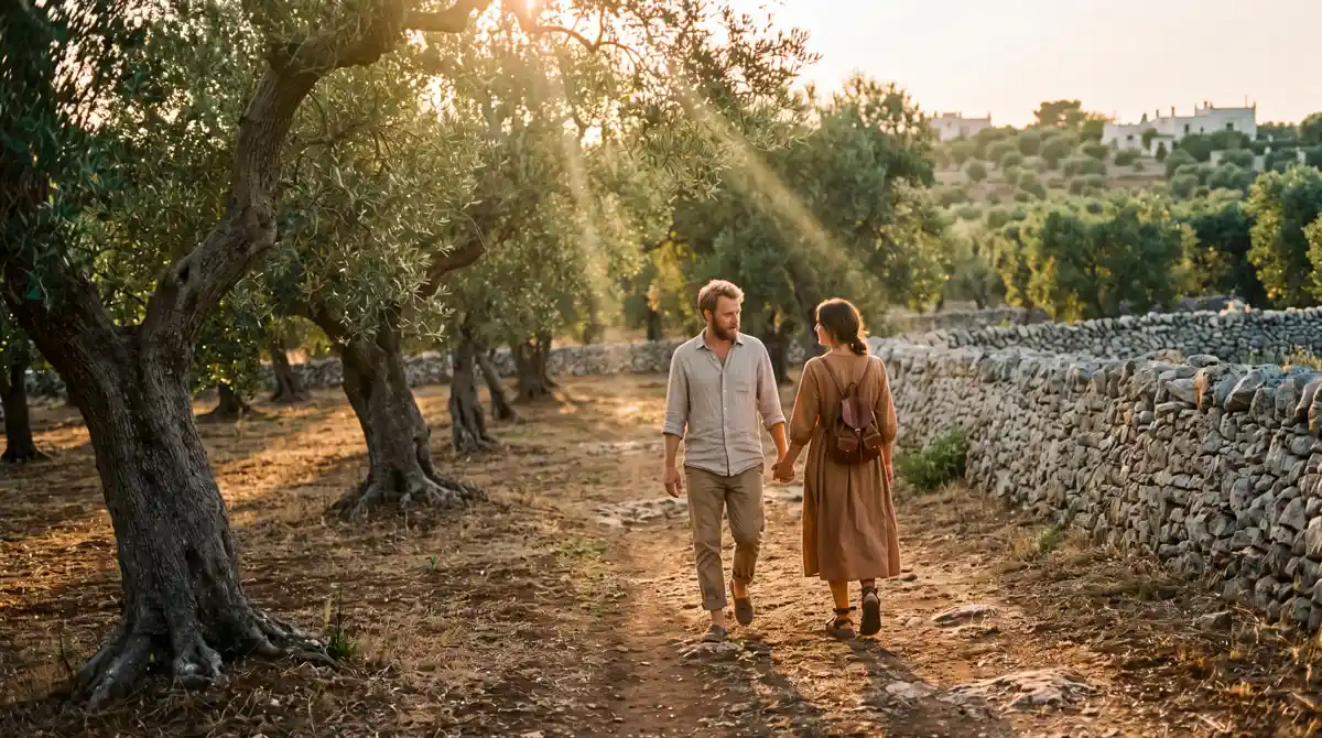 Couple enjoying an authentic slow travel experience in a Salento olive grove.