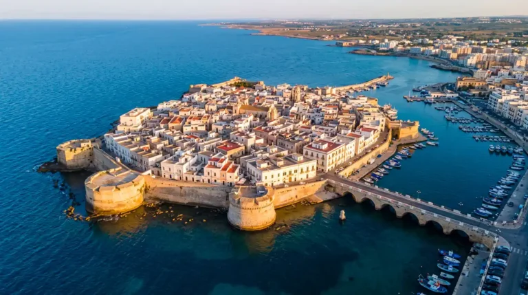 Panoramic aerial view of the ancient limestone island of Gallipoli Puglia and its historic stone bridge at sunset.