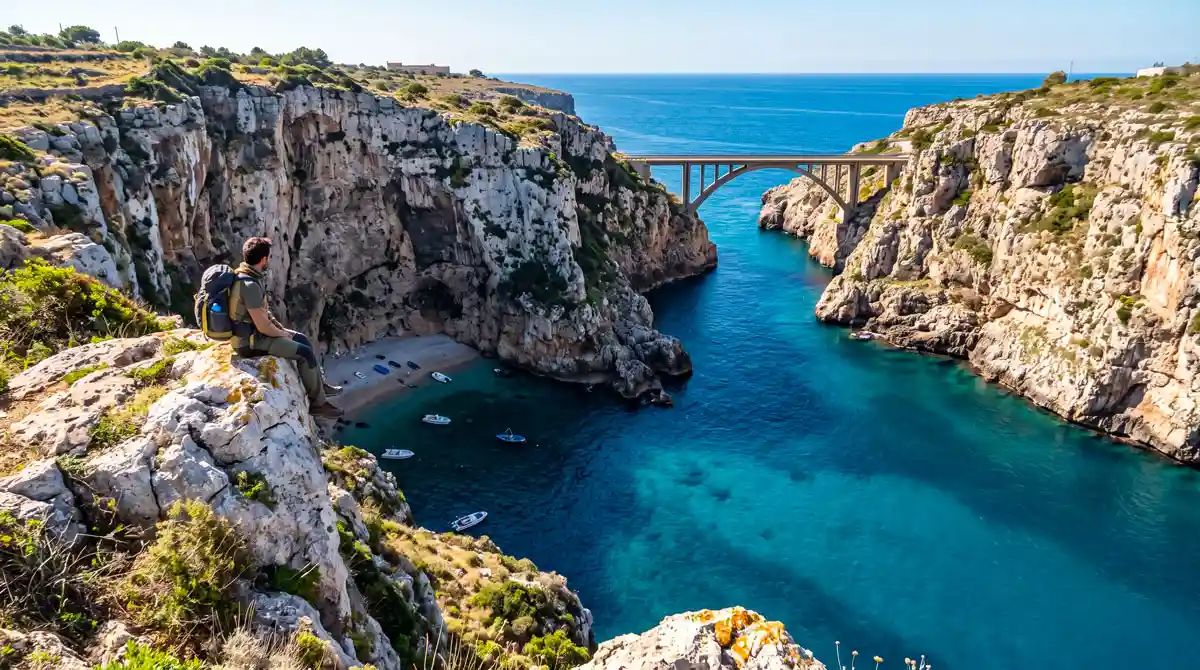 Hiker exploring the breathtaking cliffs of the Ciolo fjord in Salento.