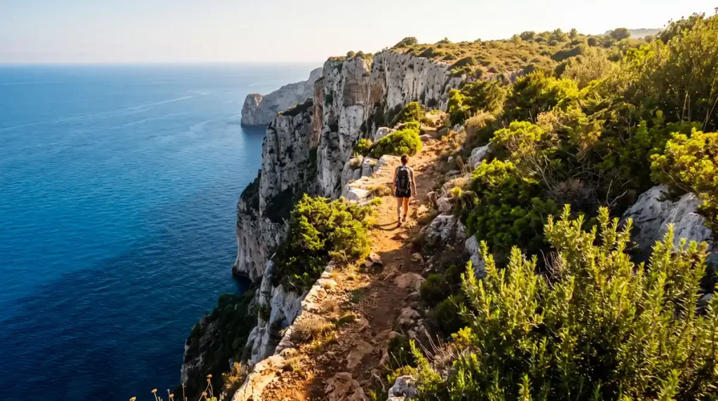 A hiker walking along the dramatic coastal cliffs of the Sentiero del Ciolo trail above the deep blue sea near Leuca.