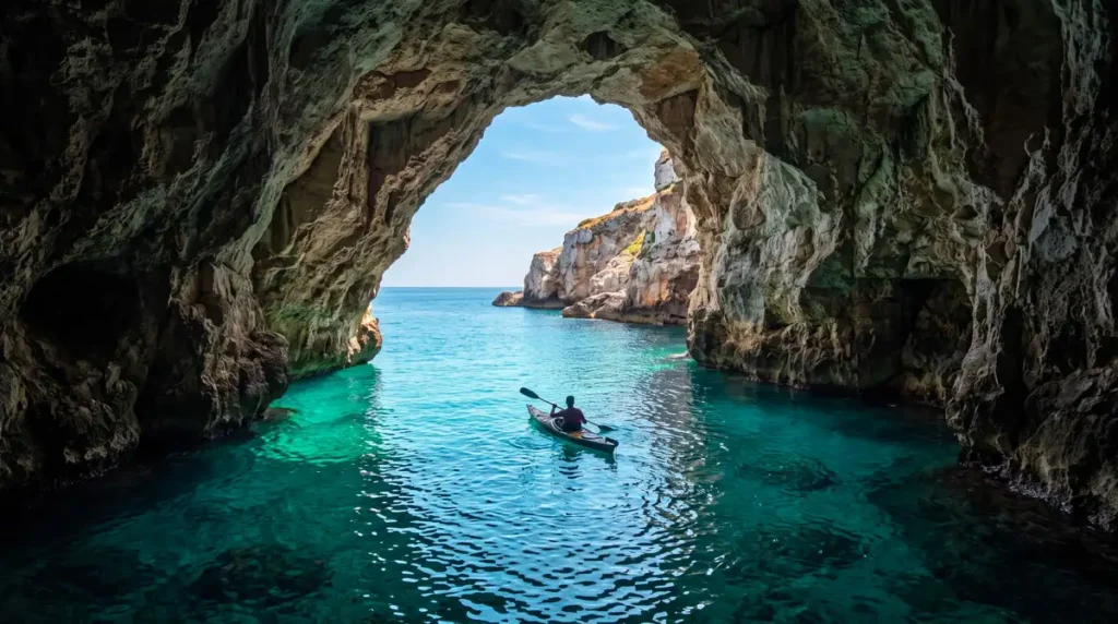 A traveler silently kayaking inside a spectacular sea cave with glowing turquoise water in Santa Maria di Leuca.