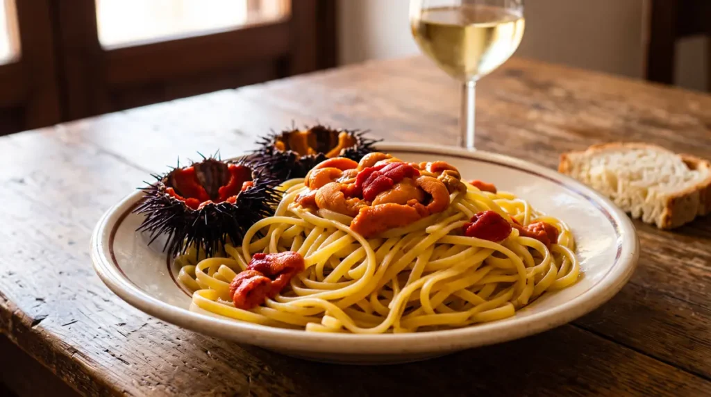 A rustic plate of traditional linguine pasta with fresh sea urchins on a wooden table in an authentic local trattoria in Salento.