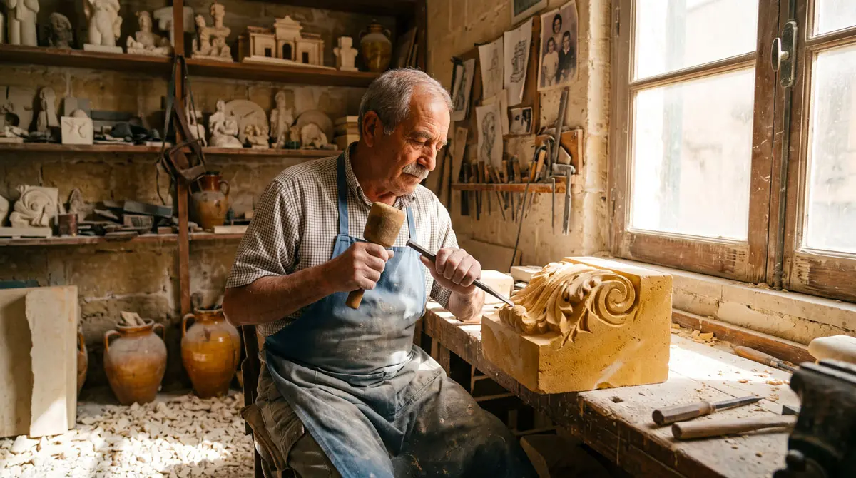 Local Salento artisan carving traditional golden Pietra Leccese limestone.
