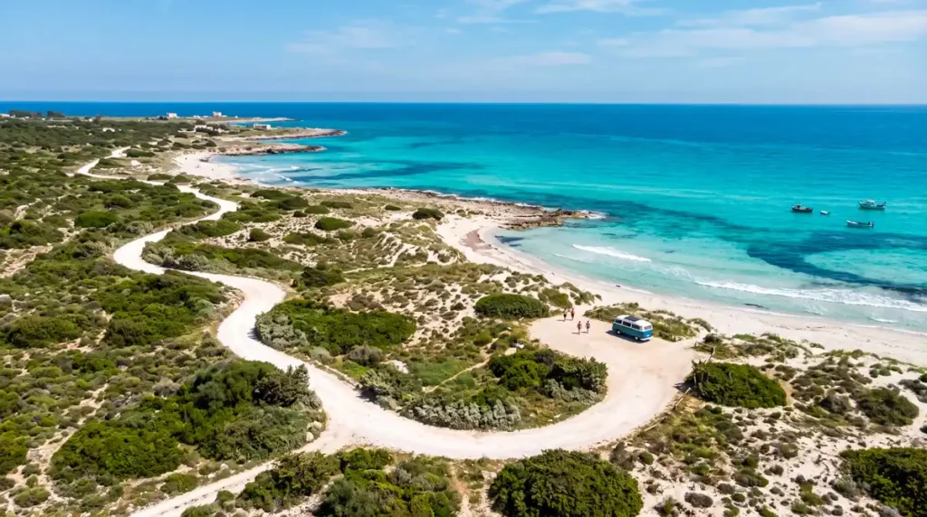 Aerial view of a dirt road through the wild dunes of the Ugento coast.