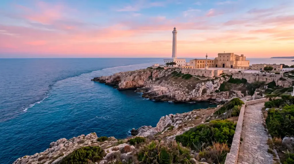 The monumental white lighthouse and ancient sanctuary of Santa Maria di Leuca illuminated by soft dawn light overlooking the sea.