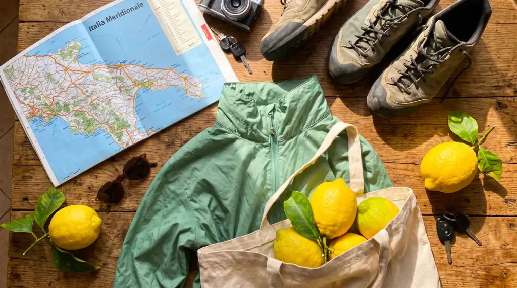 L'equipaggiamento essenziale per un viaggio on the road in Salento, tra cui mappa e scarpe da scoglio.