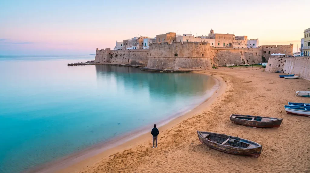 La sabbia dorata vuota e l'acqua piatta e cristallina della Spiaggia della Purità sotto le antiche mura difensive a Gallipoli all'alba.