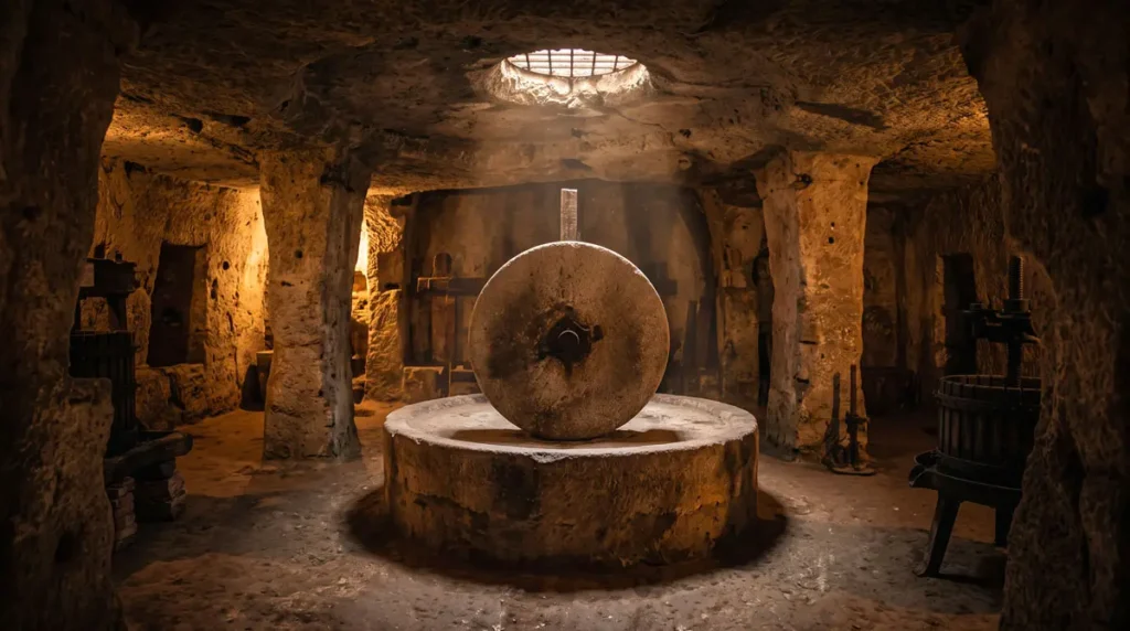 A massive circular stone millstone inside a dark, ancient underground olive oil press carved into the rock in Gallipoli Puglia.