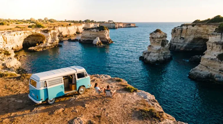 Camper van parked on a cliff in Salento, representing van life and slow travel in Puglia.