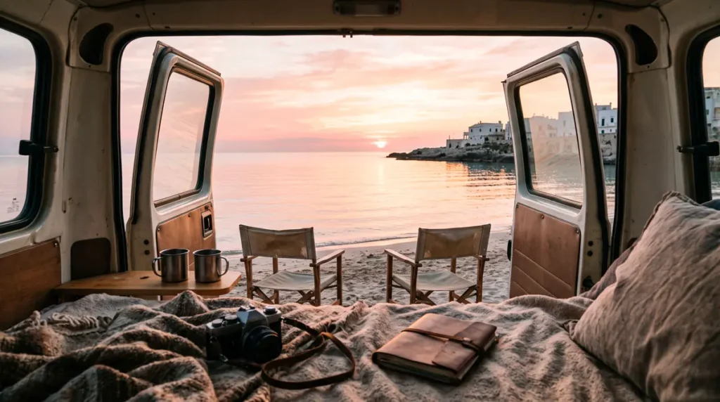 Guardare l'alba da un camper sulla costa di Ugento, nel Salento.