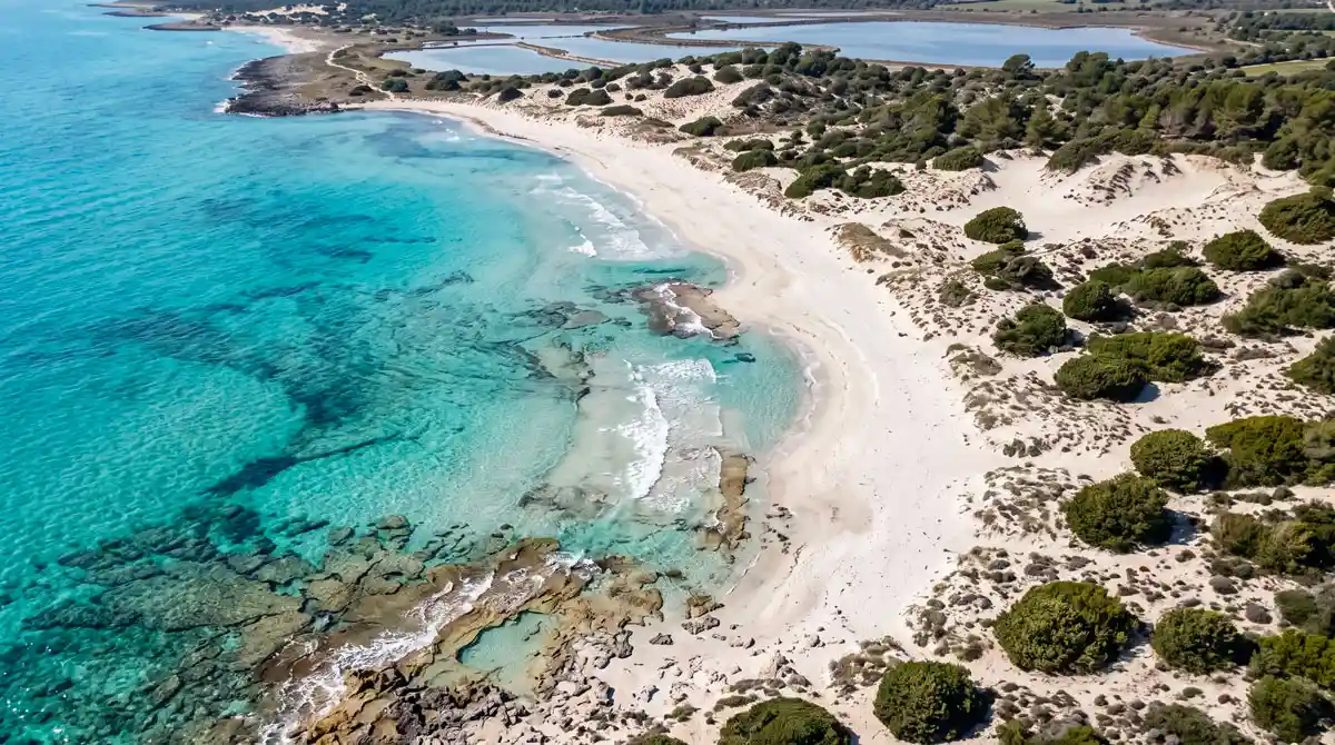 Aerial view of wild beaches and pristine sea in Ugento, Salento.